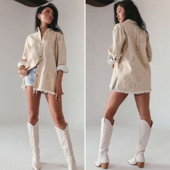 The Post Lia Bandana denim jean khaki shacket jacket S - Picture 1 of 13